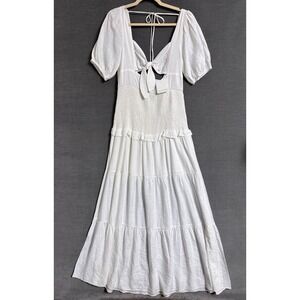 NEW Skylar Rose Dress L White Smocked Tiered Maxi Tie Front Puff Boho Beach